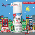 Eltma MD sunscreen bottle with a colorful cityscape background and airplane promoting a donation cause.