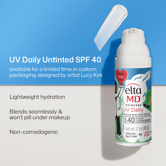 Eltma MD UV Daily Untinted SPF 40 sunscreen bottle with promotional text on a blue and white background