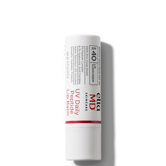 A single tube of EltaMDMD Skincare UV Daily Peptide Lip Balm on a clean white background with a red 'NEW' banner in the top-left corner. The tube is white with red and black text.