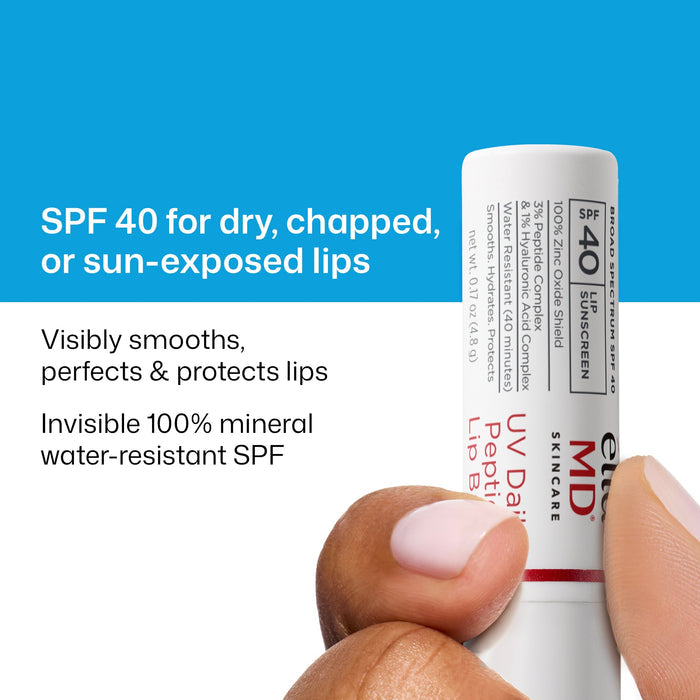 Lip balm tube with text about SPF 40 for lips on a blue and white background