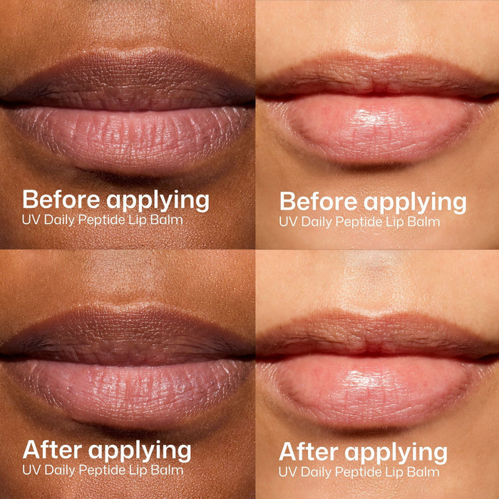 A 2x2 before-and-after comparison grid showing close-up lips wearing UV Daily Peptide Lip Balm. The top row is labeled 'Before applying' and shows dry, darker lips.