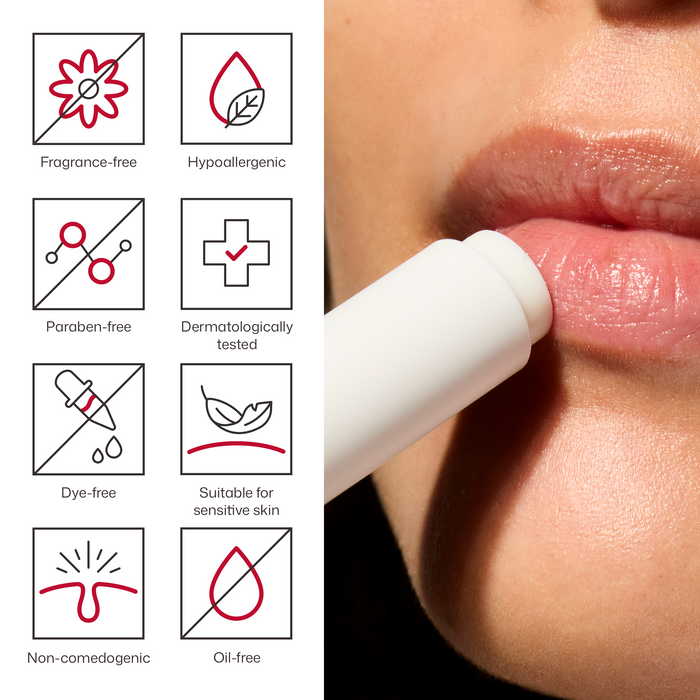 Lip balm being applied to lips with certification icons on the side.