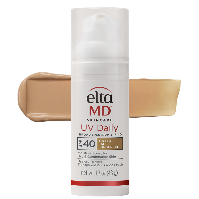 EltaMD UV Daily Tinted Broad Spectrum SPF 40 sunscreen bottle with a swatch of beige color on a white background