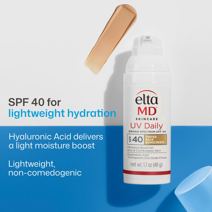 Eltma MD skincare bottle with SPF 40 text on a blue and white background
