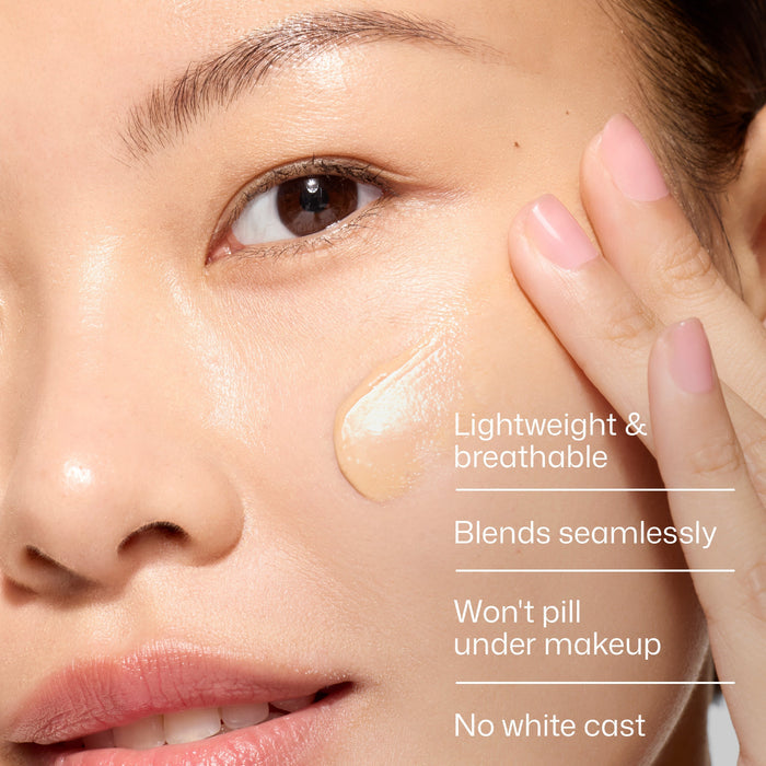 Close-up of a person's face with text highlighting product features.