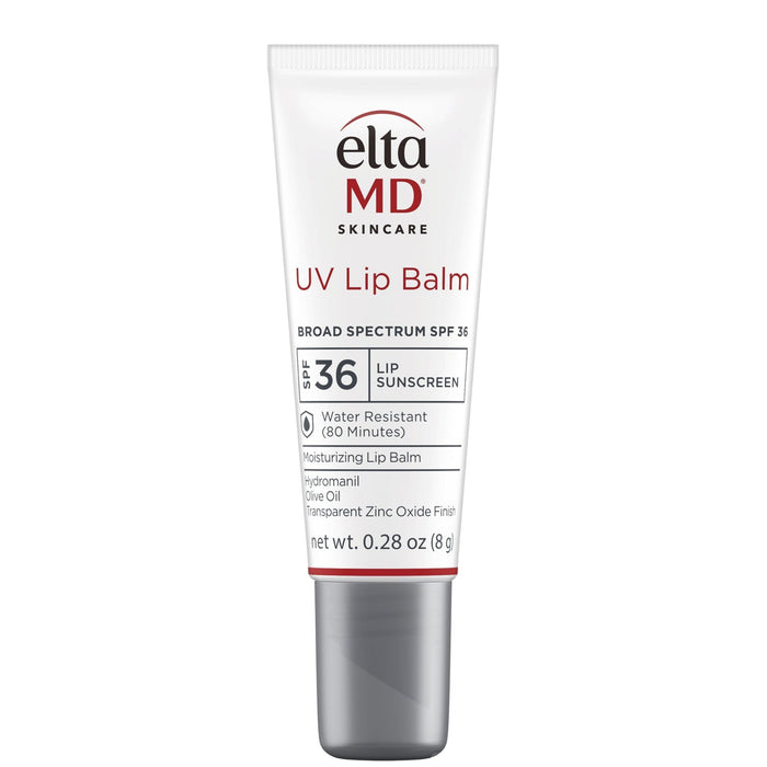 EltaMD UV Lip Balm in a tube with SPF 36 indication, broad-spectrum protection, and water-resistant feature.