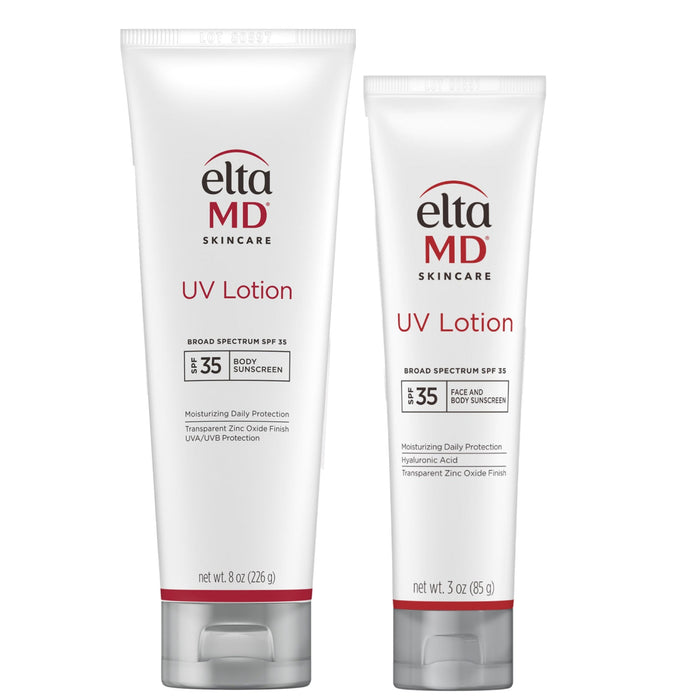Two bottles of Elta MD UV Lotion on a white background