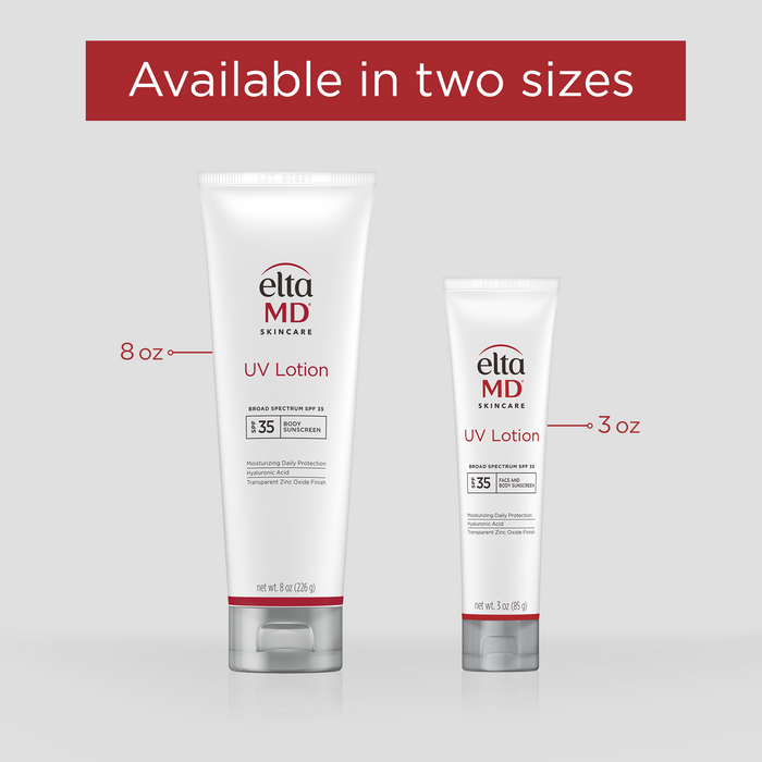 Two tubes of elta MD UV Lotion on a gray background with text indicating sizes.