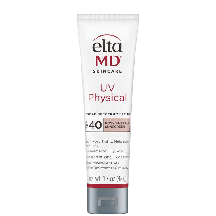 A tube of EltaMD UV Physical Broad-Spectrum SPF 40 sunscreen with a light rosy tint.