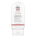 A pump bottle of EltaMD UV Pure Broad-Spectrum SPF 47 sunscreen lotion.