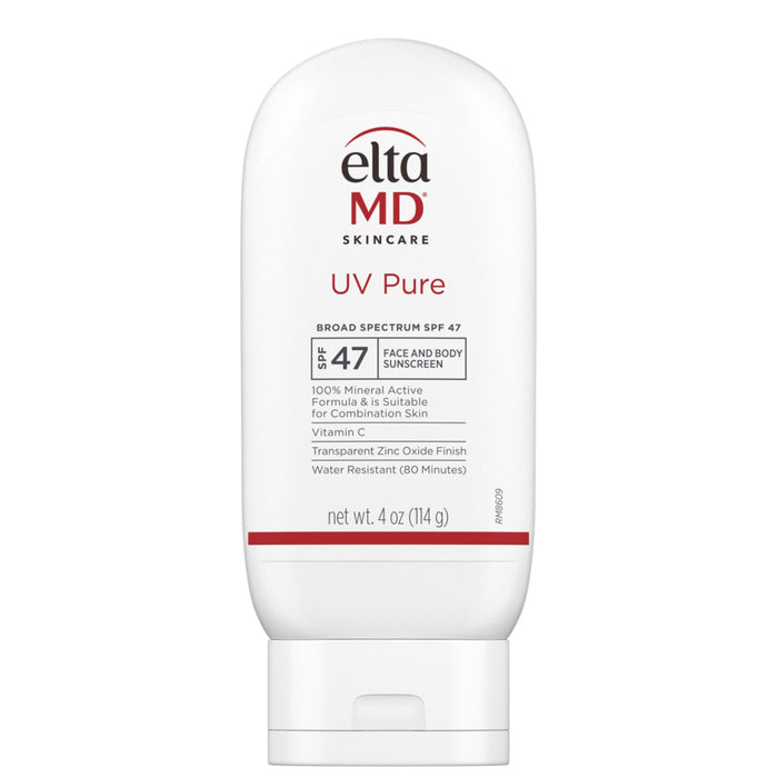 A pump bottle of EltaMD UV Pure Broad-Spectrum SPF 47 sunscreen lotion.