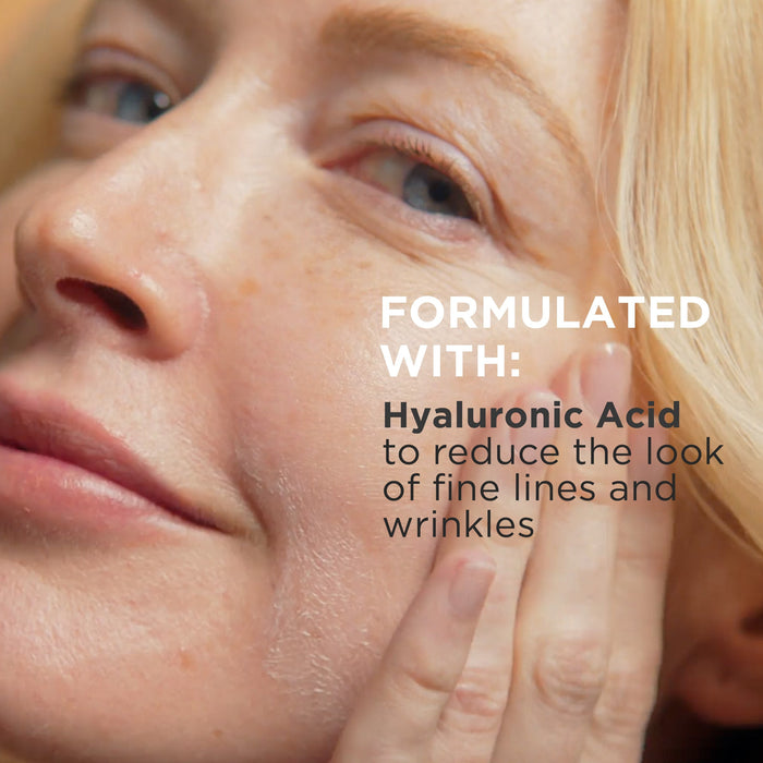 Close-up of a person's face with text about hyaluronic acid skincare product.