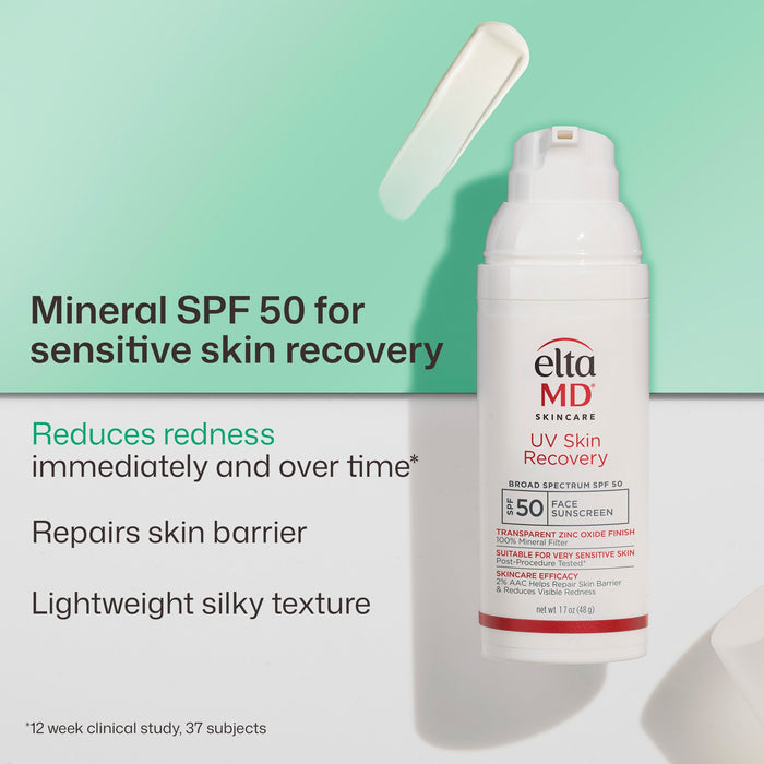 Elta MD UV Skin Recovery sunscreen bottle with text on a light green background