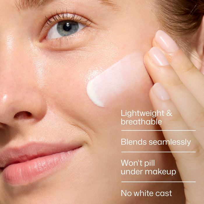 Close-up of a person applying a skincare product to their face with text highlighting features.