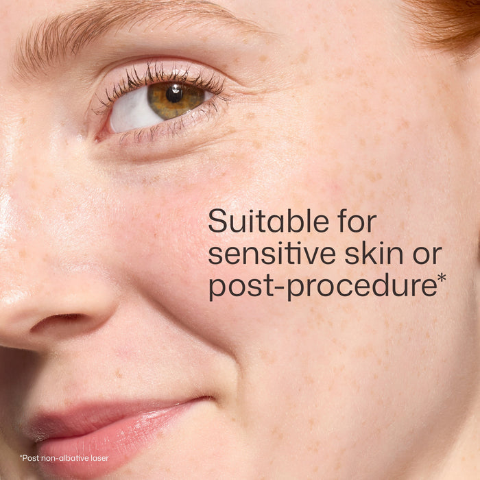 Close-up of a person's eye with text indicating suitability for sensitive skin or post-procedure.