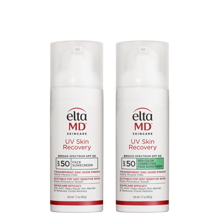 Two white cylindrical bottles of Elta MD Skincare UV Skin Recovery Broad Spectrum SPF 50 Face Sunscreen shown side by side on a plain white background.