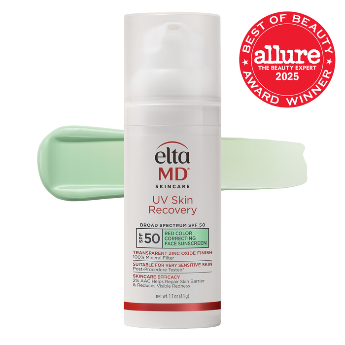 Eltma MD UV Skin Recovery sunscreen bottle with a swatch of green color on a white background, featuring the Allure Best of Beauty Award 2025 badge.