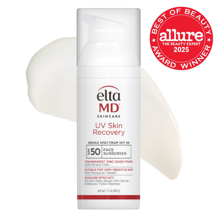 Eltma MD UV Skin Recovery sunscreen with 'Allure Best of Beauty' award on a white background