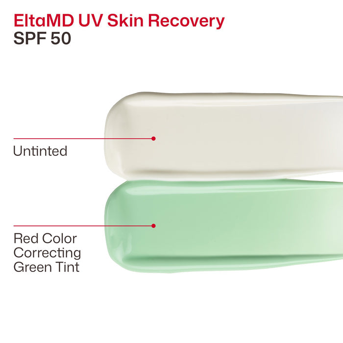 Two swatches of EltaMD UV Skin Recovery SPF 50 cream, one untinted and one with a red color correcting green tint, on a white background.
