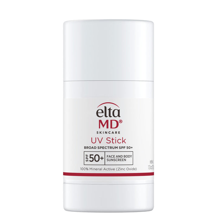 EltaMD UV Stick Broad-Spectrum SPF 50+ in a white stick dispenser with red and black text detailing the product name and sun protection factors.