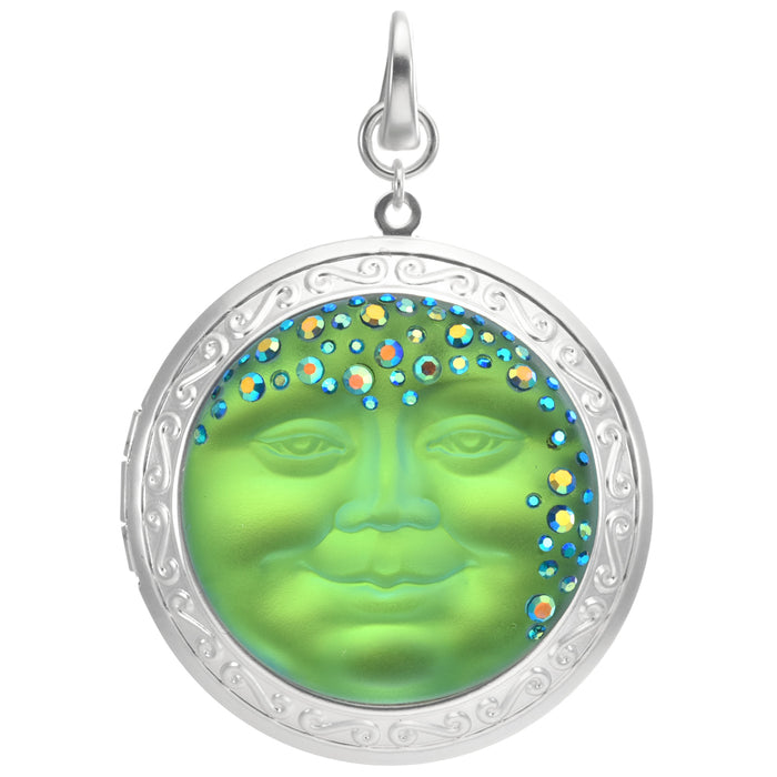Victorian Goddess Seaview Moon 35mm Locket Open Ring Charm (Sterling Silvertone/Mystic Green Sphinx)